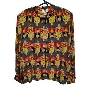Fiji‎ 100% Silk XL Blouse Gold Buttons Stars Rope Nautical Stripes